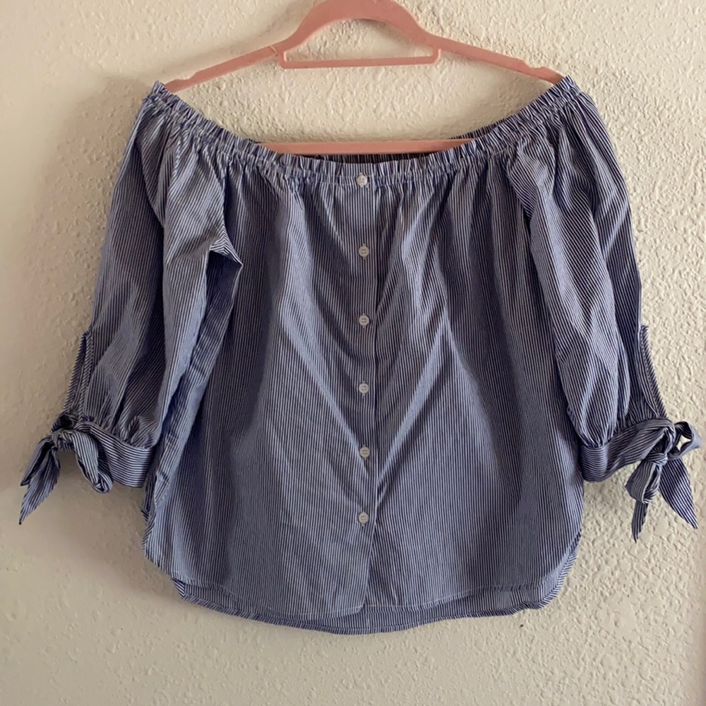 Off the shoulder blue and white button up blouse